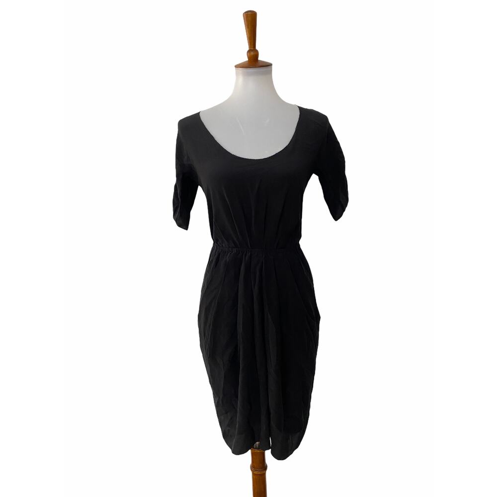 Aritzia Babaton Silk Pullover Cinched Waist Dress Pockets Short Sleeve Black XS